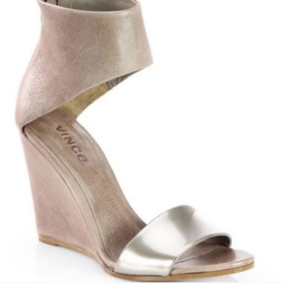 Vince Taupe Metallic Ankle High Heel Wedge Sandals Size 9 - Picture 3 of 14